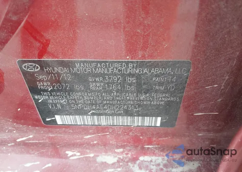 2013 Hyundai Elantra Gls/Limited z USA, uszkodzony, nr VIN 5NPDH4AE4DH224313